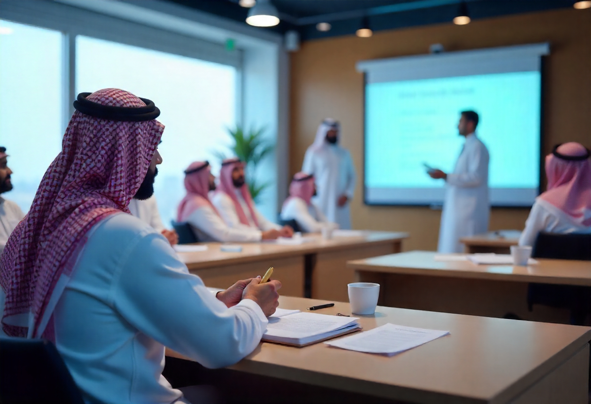 Saudi men in traditional attire attending a corporate training session in a modern training room, with a professional trainer standing and presenting at the front.
